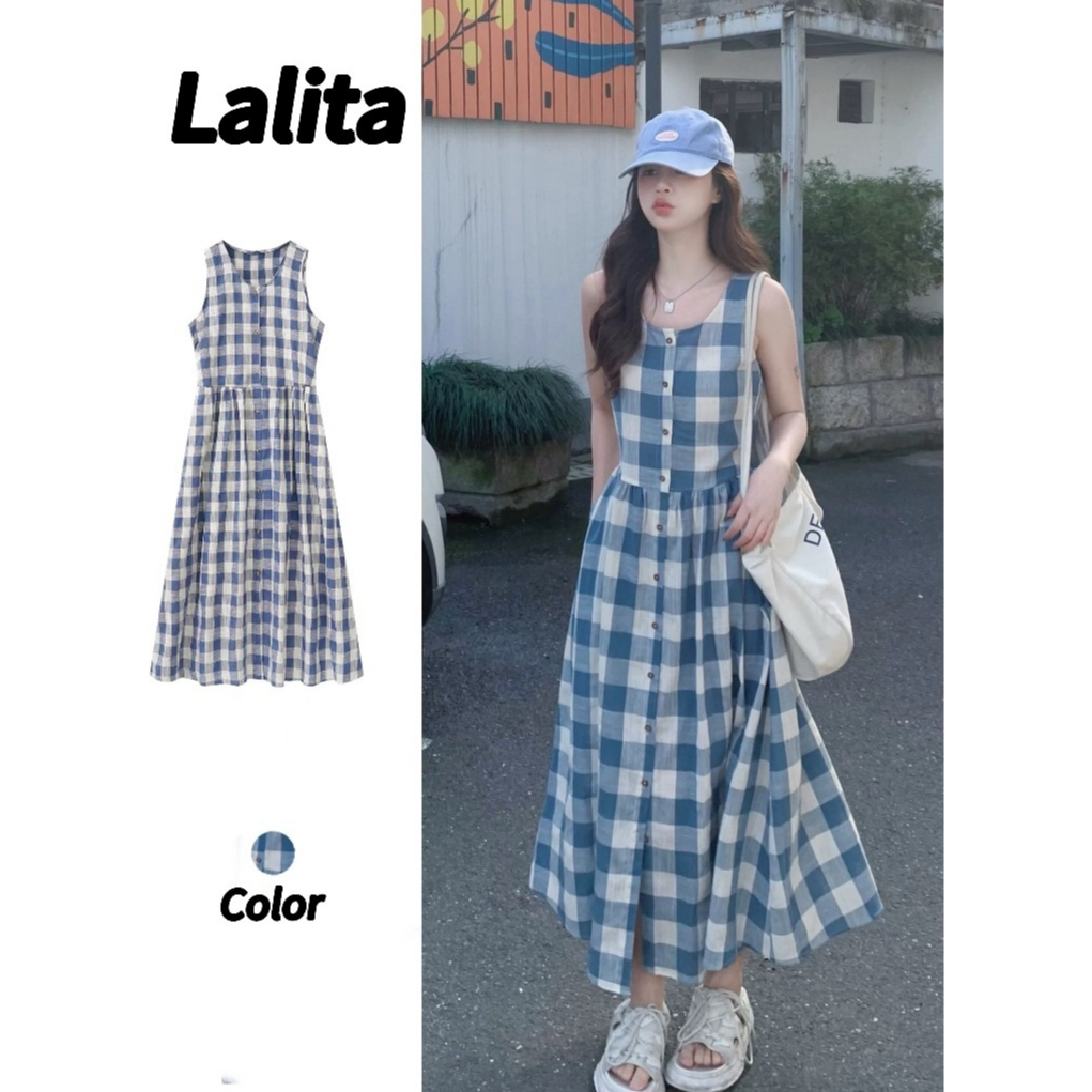 Lalita 💖สินค้าพร้อมส่ง💋ชุดเดรสยาว  เดรสแขนกุด ชุดเที่ยวทะเล เนื้อผ้าใส่สบาย  มินิมอล  กระดุมใช้งานได้จริง  ใส่สบาย