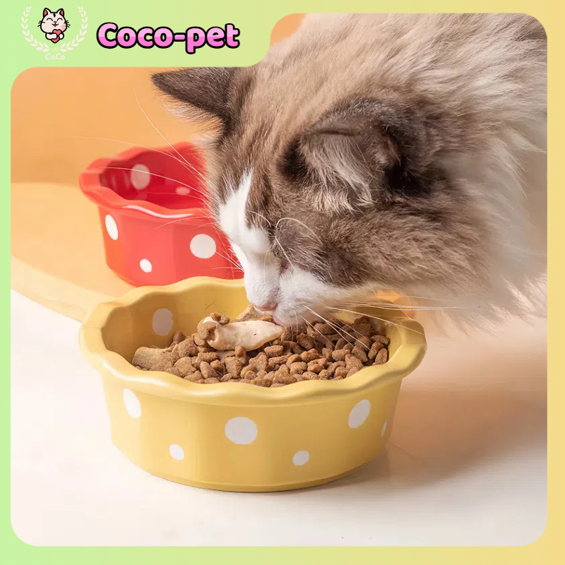 Coco-petชามแมวเซรามิก, ชามสัตว์เลี้ยงลายจุดลูกไม้, กันคางดำ, ชามอาหารแมว, ชามอาหารสุนัข, (ใช้ได้ทั้งแมวและสุนัข)
