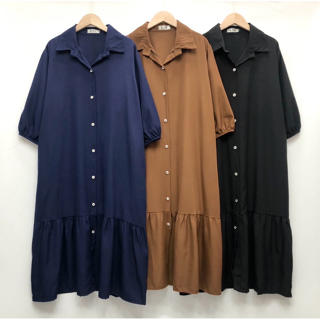 เดรสคอปก แขนสั้น/แขนยาว/แขนสามส่วน ผ้าไหมอิตาลี/ผ้าฝ้าย สีพื้น กระดุมผ่าหน้า ไซส์ใหญ่ ใส่สบาย