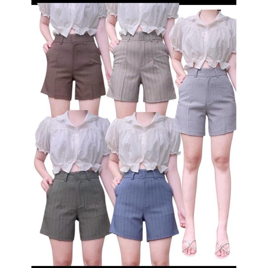 กางเกงขาสั้นผ้าใส่สบายลายริ้วใส่แล้วดูผอมสวยผ้าโซดา