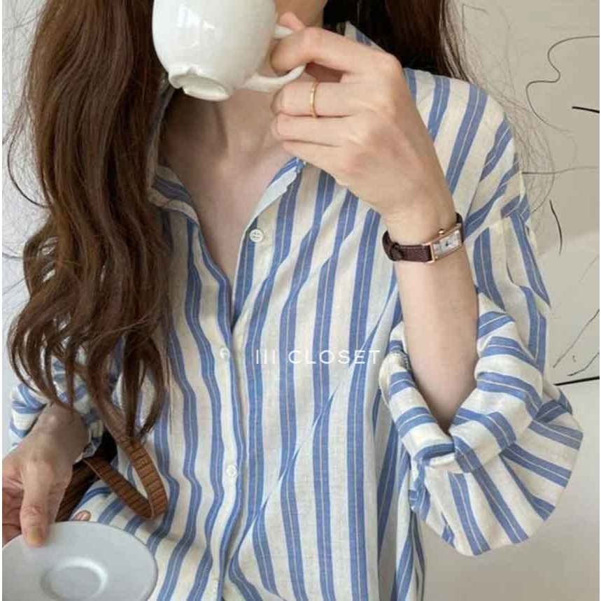 เสื้อเชิ้ต lll Freesize lll CT012 เสื้อเชิ้ตคอปก แขนยาว ลายทาง กระดุมหน้า เนื้อผ้าไหมอิตาลีลายทาง