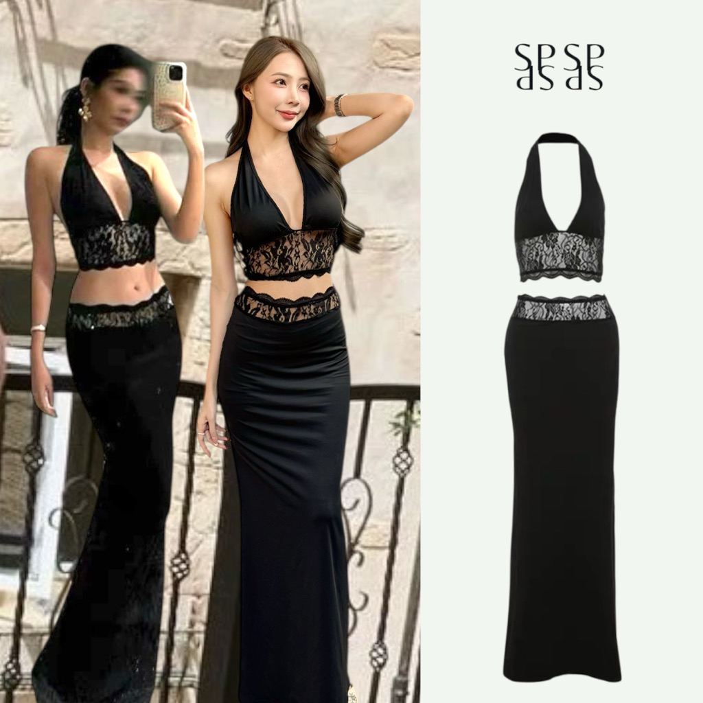 SPND【พร้อมส่ง】เสื้อครอปสายเดี่ยวพร้อมกระโปรงยาวตกแต่งลูกไม้ (K24S50042)