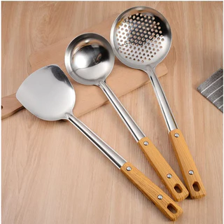 สแตนเลสทำอาหารหม้อ Shovel เครื่องครัวซุปช้อนไม้เลียนแบบ Handle Scoop