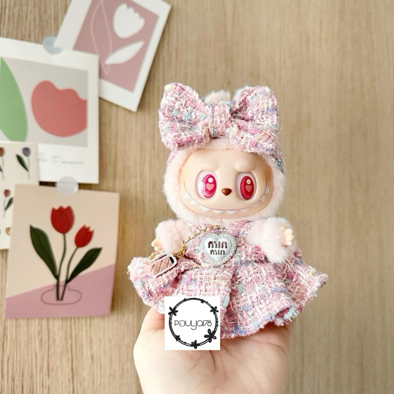ชุดบู้ v1-2 ชุดหมีเนย พวงกุญแจ 17 ซม โบว์คาดหัวและเดรส / Set of headset and dress for 17cms v1-2 labubu keychain