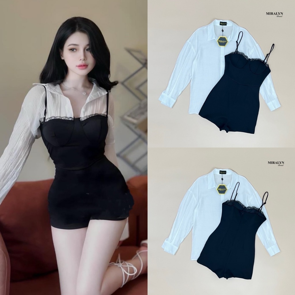 Miralyn Set 2 ชิ้น จั้มขาสั้นสายเดี่ยวสีดำสายปรับได้