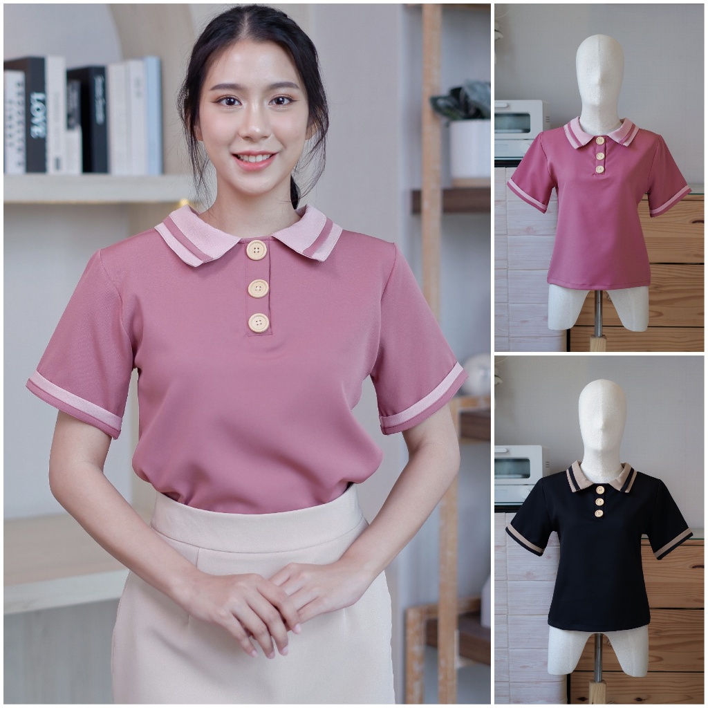 E20 เสื้อทํางานผู้หญิง แขนสั้น คอปก แต่งกระดุมไม้ สีธรรมชาติ เสื้อยืด แฟชั่น มินิมอล Easter Egg