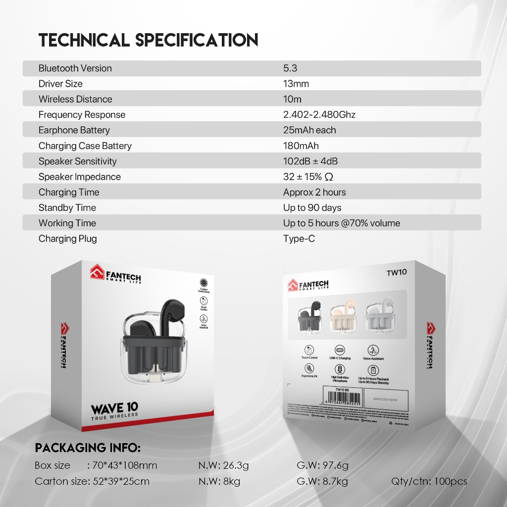 FANTECH หูฟังบลูทูธ หูฟังไร้สาย Bluetooth Headset True Wireless บลูทูธ 5.3 รุ่น TW10 WAVE 10