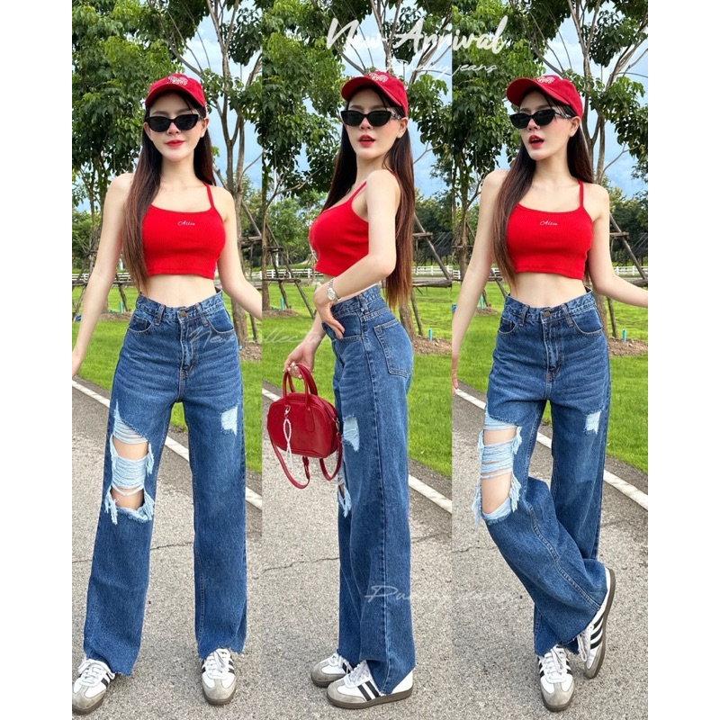 New collectionpunny jeansกางเกงกระบอกตรง แต่งขาด ผ้าไม่ยืด เอวสูง มีไซด์ใหญ่
