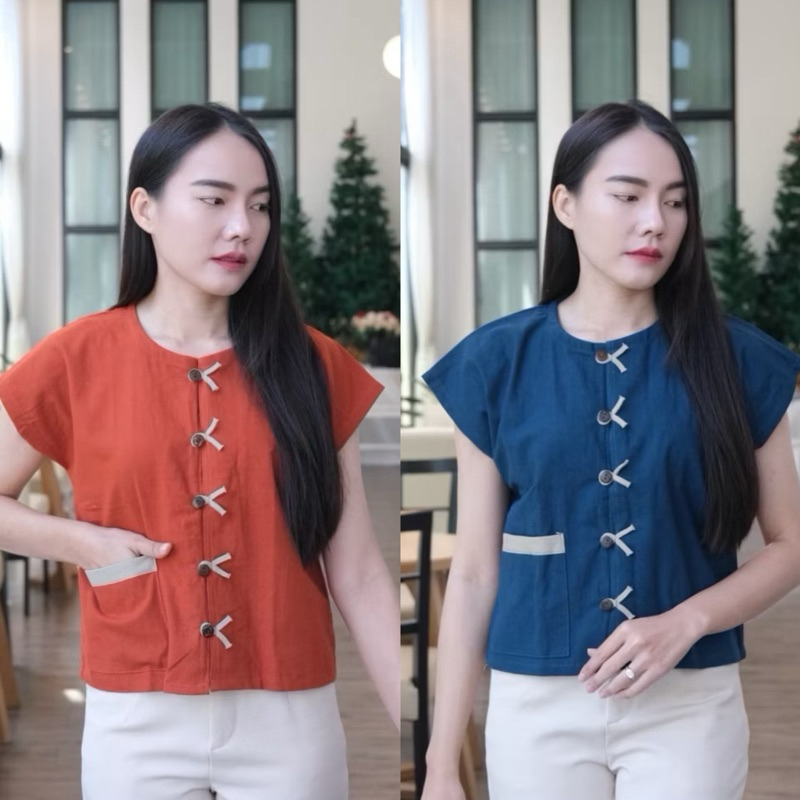 เสื้อคอกลมกระดุมหางปลา เสื้อผ้าฝ้าย