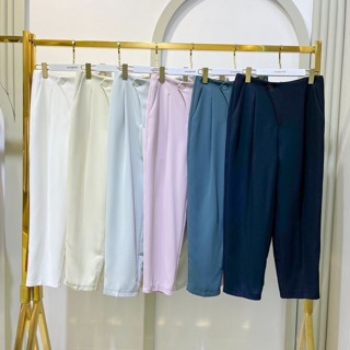 KP19812 กางเกงขายาวทรงเอวสูง มีกระดุมใช้งานได้จริง