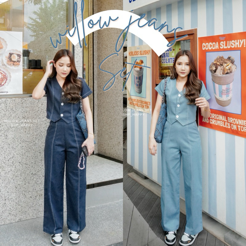 WILLOW JEANS SET - SHP_HAPPY ชุดเซทยีนส์เสื้อแขนสั้นกระดุมหน้าและกางเกงขายาว detail เดินเส้นด้ายคู่สีตัด
