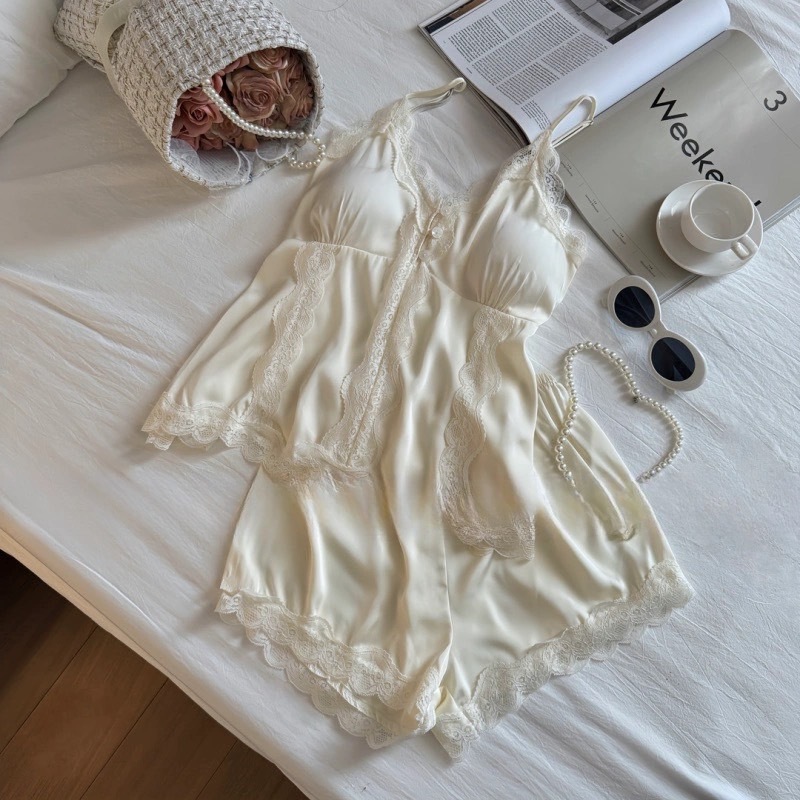 ชุดนอนลูกไม้ เสื้อ + กางเกง ชุดนอนน่ารัก ตกแต่งลูกไม้ตรงขอบ ผ้าใส่สบาย #DB086 - รูปที่ 5