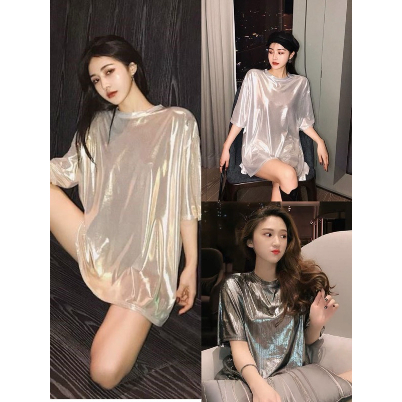 พร้อมส่งเสื้อยืดคอกลมผ้าวิ้งเล่นแสง oversized  unisex ผู้ชายใส่ได้ งานปาร์ตี้ งานสรรสันตอนกลางคืน