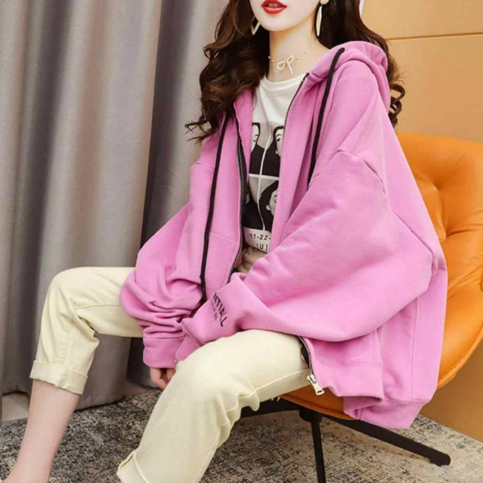 เสื้อคลุมแขนยาวฮู้ด OVERSIZE ซิปหน้า (อก 50 นิ้ว) มีกระเป๋าข้าง ผ้าคอตตอล สินค้าพร้อมส่ง B20