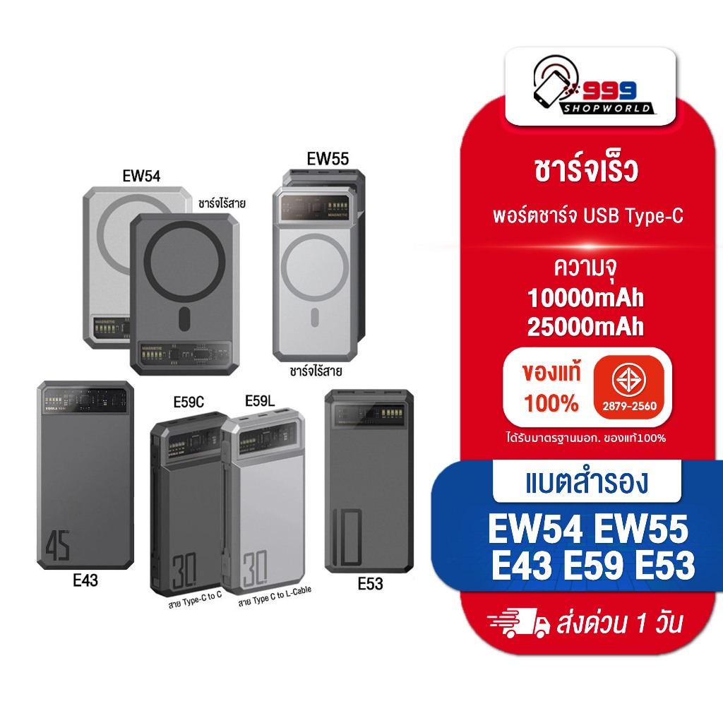 [ส่งเร็ว ส่งไว] Eloop E53/E43/EW55/EW54/59 แบตสำรอง 10000/25000mAh QC 3.0 | PD 20W Power Bank ชาร์จเร็ว ของแท้100%