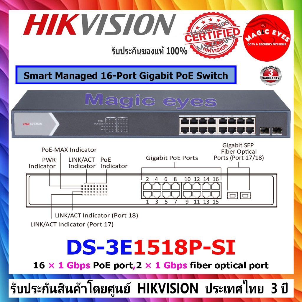 HIKVISION DS-3E1518P-SI. 16 Port Gigabit Smart POE Switch