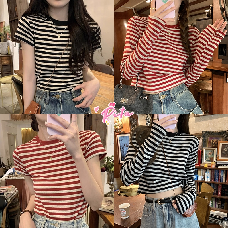 Rita พร้อมส่ง🎄เสื้อยืดแฟชั่น☃️คริสต์มาส เสื้อแดง เสื้อคริสต์มาสเสื้อยืด แขนสั้น แขนยาว ผ้าฝ้าย ลายทาง เรียบง่าย สไตล์เกา