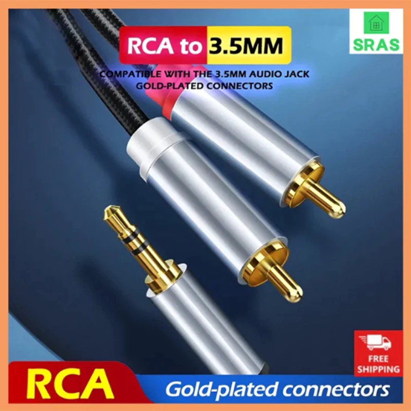 SRAS แจ็คเสียงตัวผู้ขนาด3.5มม ต่อสายเคเบิล2 RCA ตัวผู้สำหรับเดสก์ท็อปเครื่องขยายเสียงซาวด์บาร์ทีวี