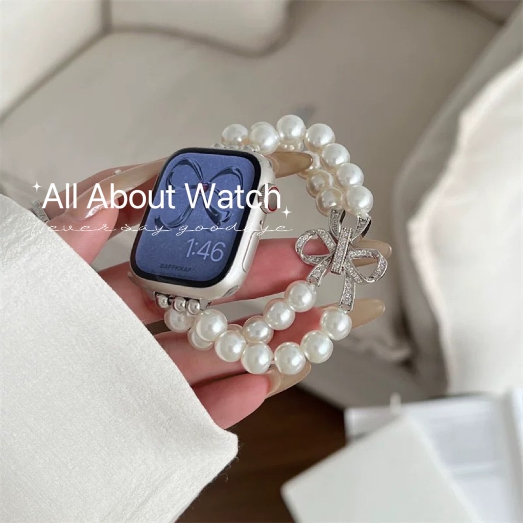 พร้อมส่ง สายสร้อยข้อมือมุก ประดับโบว์เพชร ใช้ได้กับ Smart Watch 9 8 7 6 5 4 3 2 1 Se Ultra และรุ่น C