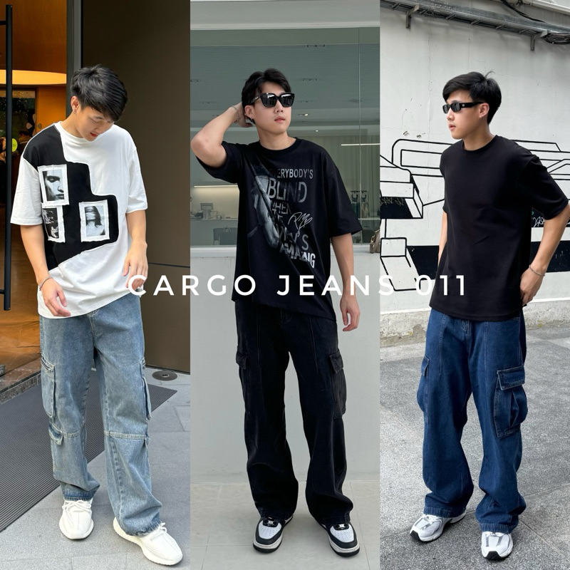 Cargo jeans 011 (890.-) กางเกงยีนส์คาร์โก้ผู้ชาย ทรงขากระบอกใหญ่ สีเข้มสวยผ้ายีนส์นิ่มใส่สบาย