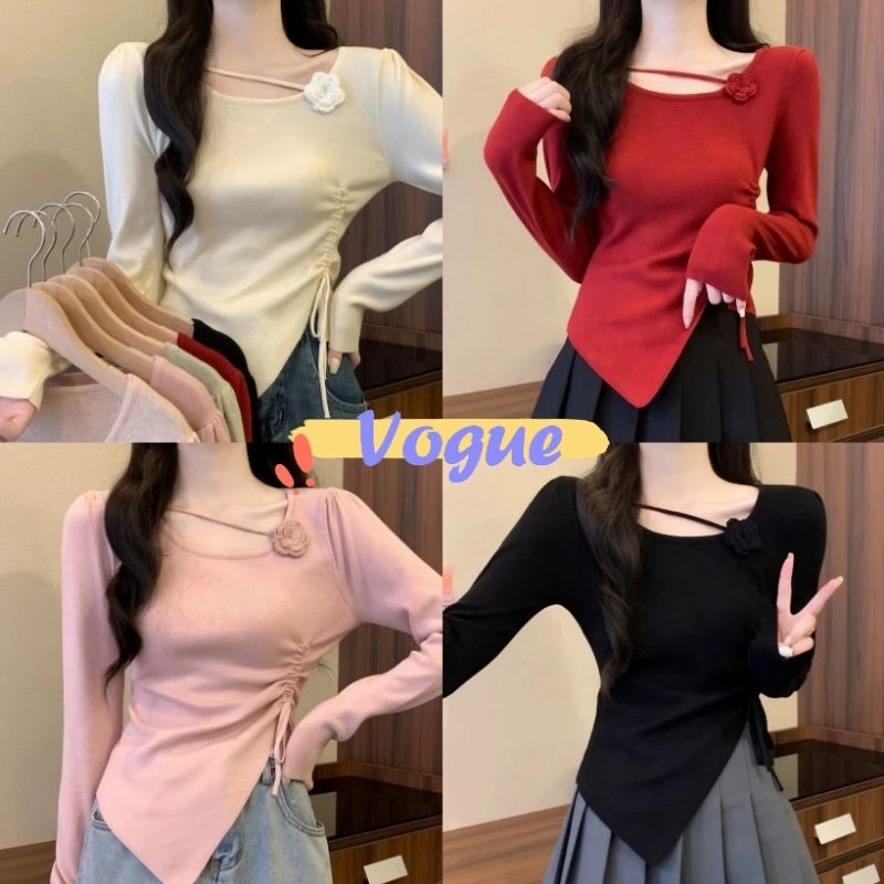 Vogue พร้อมส่ง เสื้อไหมพรมแขนยาว ดีเทลแต่งสายคาด ติดดอกไม้ (Y-P37)