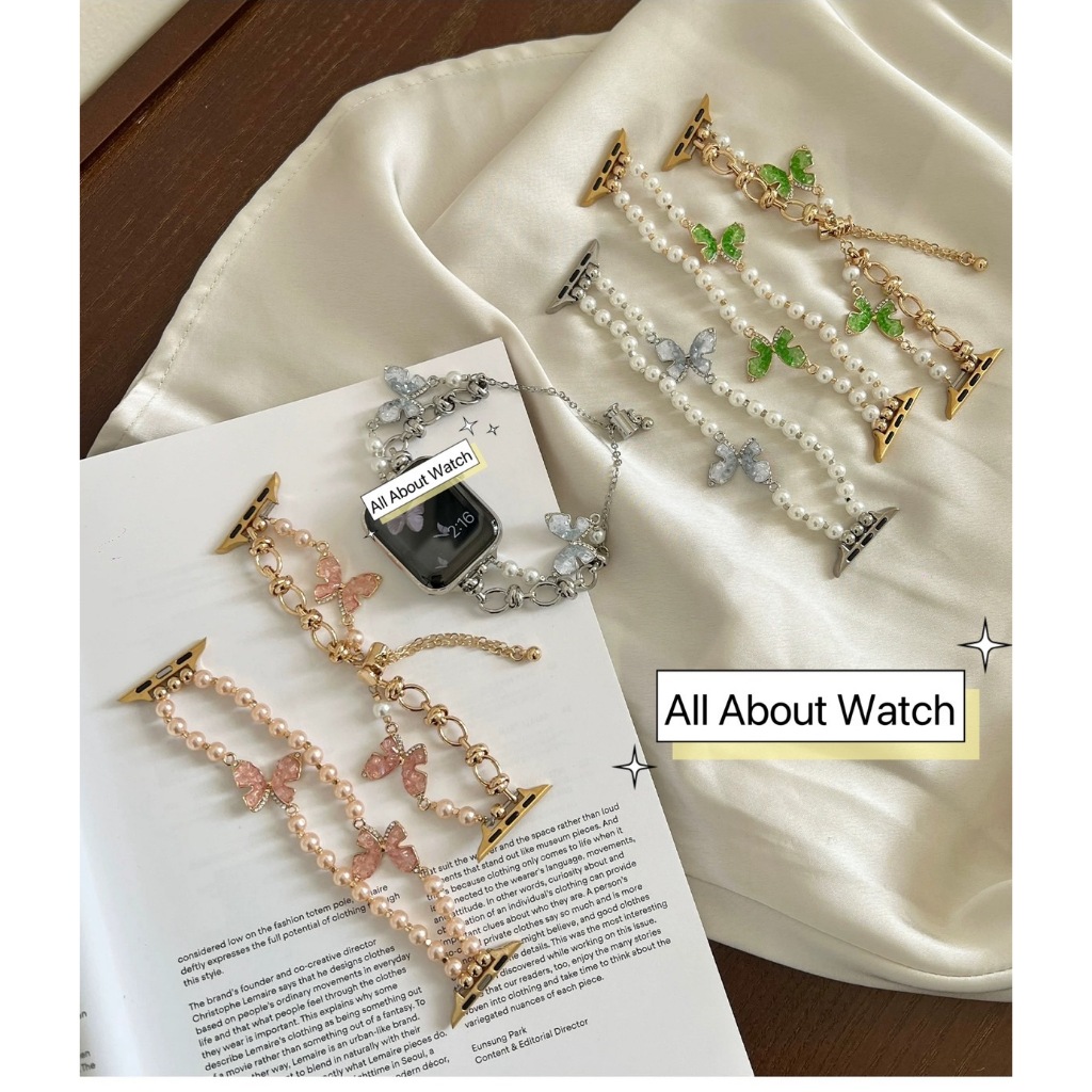 พร้อมส่ง สายสร้อยข้อมือมุก ประดับผีเสื้อเพชร ใช้ได้กับ Smart Watch  10 9 8 7 6 5 4 3  2 1 Se Ultra แ