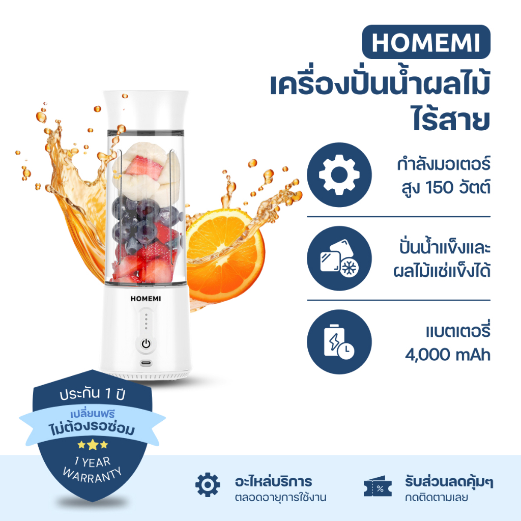 Homemi เครื่องปั่นผลไม้ไร้สาย Portable Blender กำลังมอเตอร์สูง 150 วัตต์ ปั่นน้ำแข็งได้ แบตเตอรี่ 4,000 /