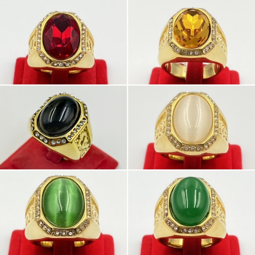 แหวนเลสทอง ประดับพลอย ฝังเพชรรอบตัวเรือน ทรง 4 เหลี่ยม ชุบทอง สี18k.