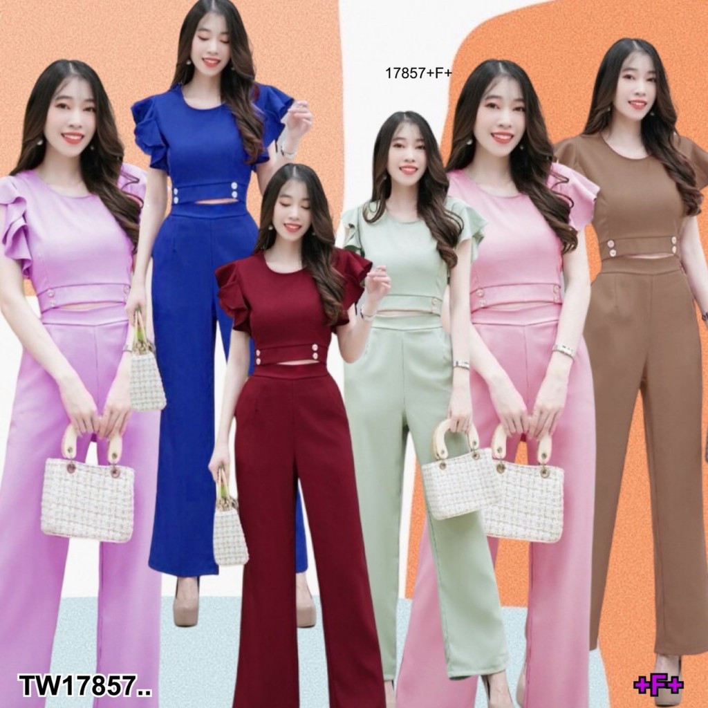 TwinsShopVip💗พร้อมส่ง TW17857 Set 2 ชิ้น เสื้อครอปไหล่รพบาย + กางเกงขายาว