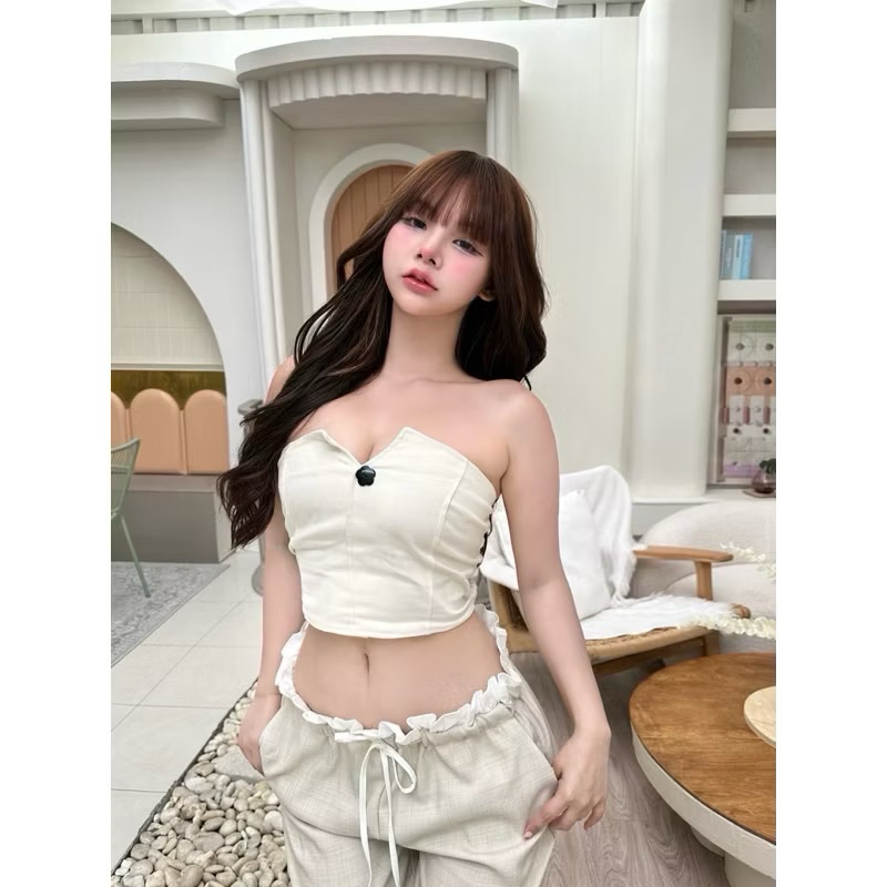 🐚Layla Crop🐚เสื้อเกาะอก ผ้ายีนส์ แต่งกระดุม