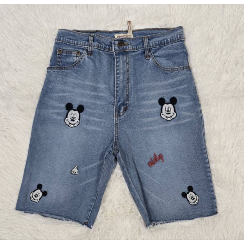 MD jeans กางเกงยีนต์เอวสูง3ส่วน ผ้ายีนต์ยืด ปลายขาตัด ปักมิกกี้ ยีนน์สาวอวบอ้วนเอว34-44