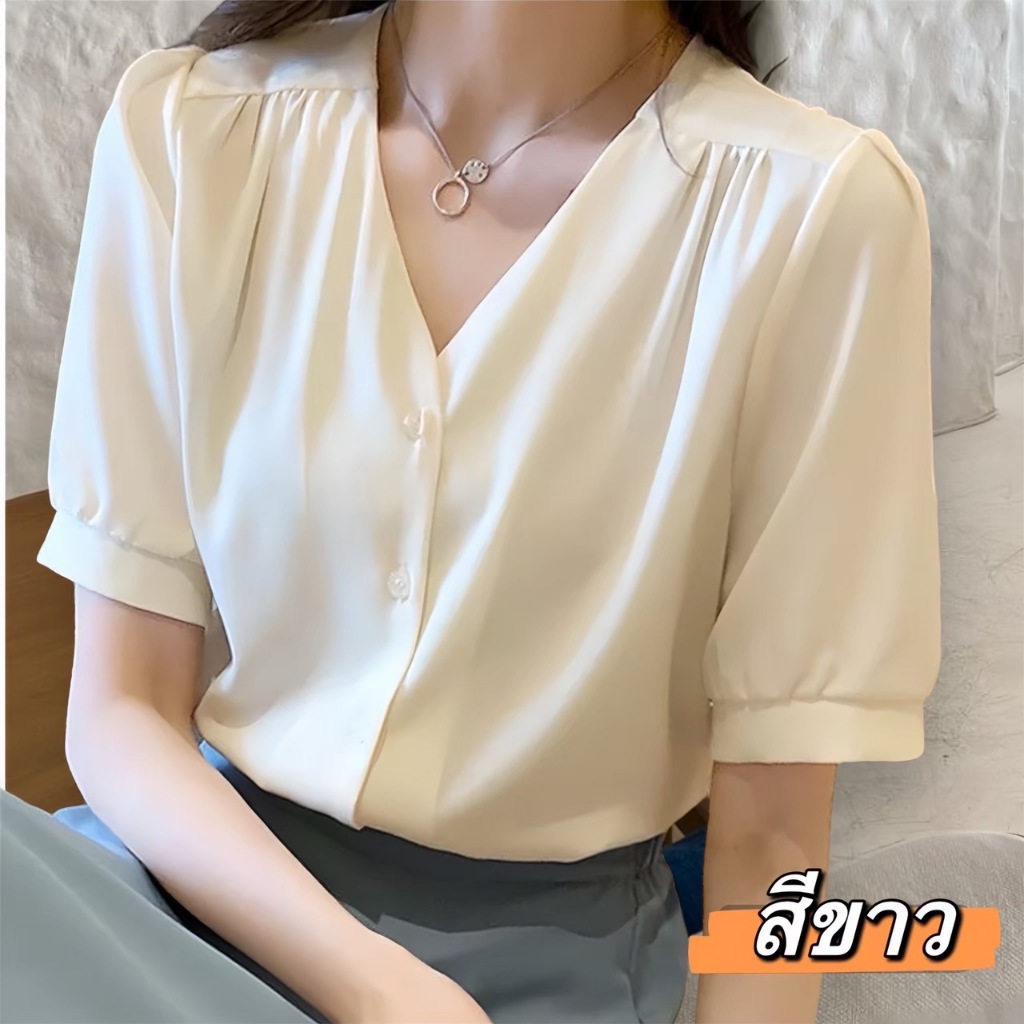 Richstyle-j41เสื้อเบลาส์สำหรับผู้หญิงสาวอวบเสื้อคอวีแขนตุ๊กตาผ้าเกาหลีเกรดพรี่เมี่ยม