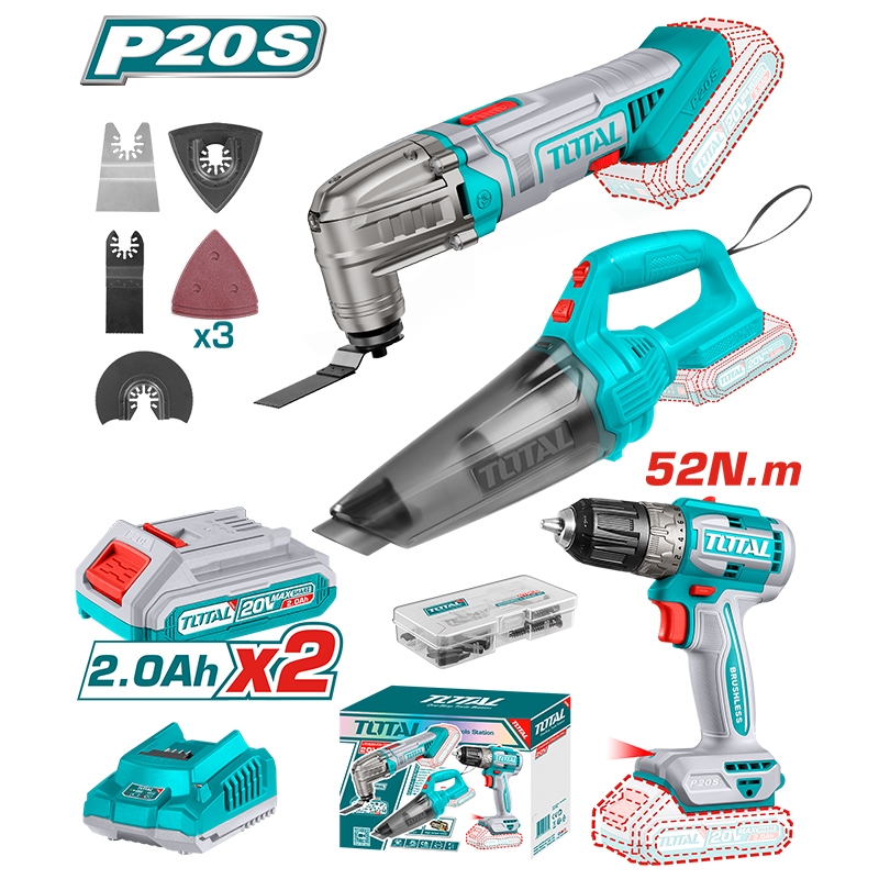 TOTAL สว่าน บัสเลส + มัลติทูล + เครื่องดูดฝุ่น ไร้สาย 20v Combo set 69 รุ่น TOSLI240685