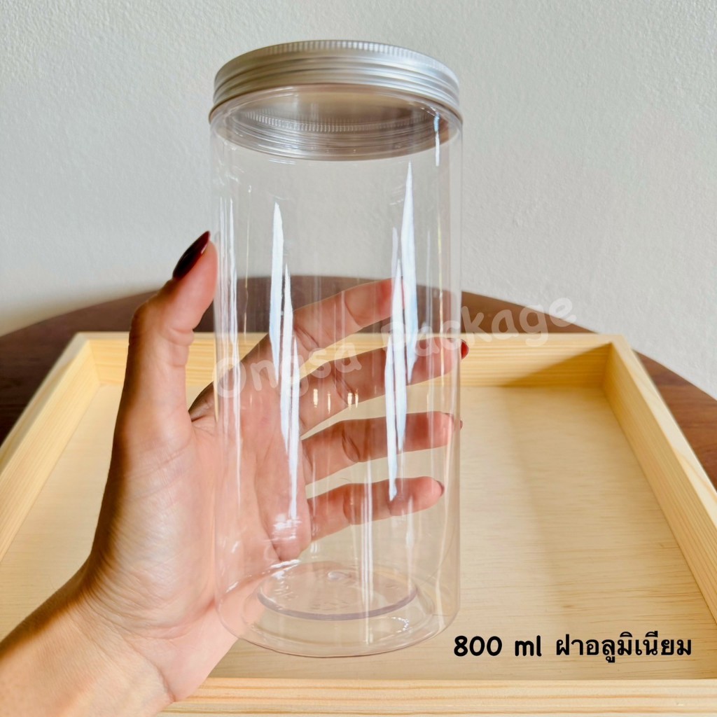 กระปุกพลาสติก PET ฝาเกลียว ( ชุดละ 10 ใบ ) ขนาด 800 ml กระปุก ทรงกระบอก พลาสติกเหนียว หยืดหยุ่น ตกไม