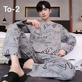 ชุดนอนผู้ชาย เสื้อเเขนยาว+ขายาว พิมลาย พร้อมส่งที่ไทย-TO