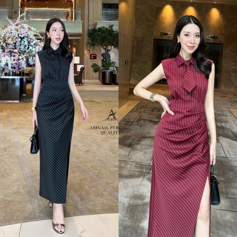 เดรสแขนกุดคอปกทางลายตัวยาวผ่าข้าง มาพร้อมเน็คไทแซ่บๆ ใส่vacayถ่ายรูปกับแก๊งค์เพื่อนๆไม่มีผิดหวังเลยค่า