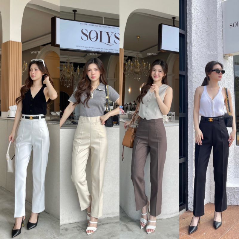กางเกง8ทรงกระบอกเล็ก เจาะกระเป๋าหน้าผ้าสลาฟ (BE811) เอวสูงซิปข้าง รุ่นสลาฟ (สีขาวและครีมผ้าไม่บาง) #กางเกงแฟชั่น #กางเกง