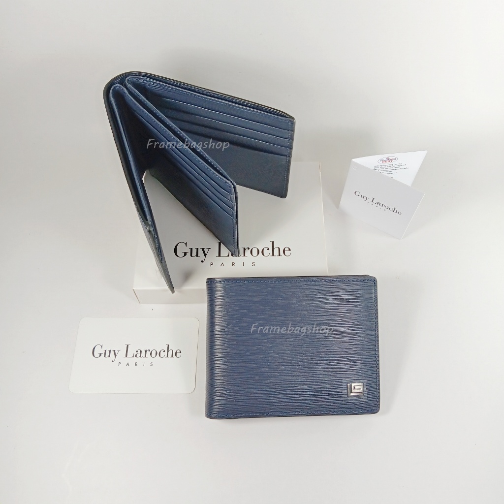 Guy Laroche กระเป๋าสตางค์ผู้ชายใบสั้น สามช่องแบงค์ สีน้ำเงินดำ หนังแท้ หนังอัดลายเส้น โลโก้เงิน