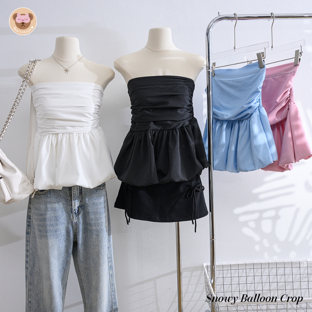 Snowy Balloon Crop เสื้อเกาะอก บอลลูน ผ้าครัช ดีเทลเเต่งจีบ หย่น ช่วงอก ด้านหลังสม็อค เย็บ 2 ชั้น ไม่ต้องกลัวบาง