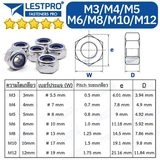 ยกกล่อง หัวน็อต ตัวเมีย ไนลอน สแตนเลส 304 เกลียวมิล หยาบ M3 M4 M5 M6 M8 M10 M12 DIN985 Hexagon Nylon Insert Lock Nut SUS