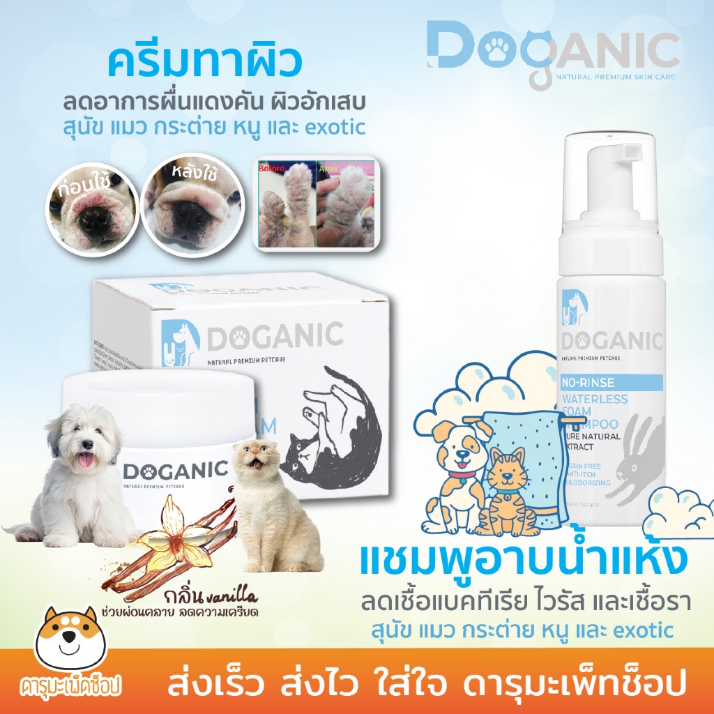 Doganic สินค้าดูแลสุนัข แมว และสัตว์เลี้ยง จากสมุนไพรไทย แชมพูอาบแห้ง ครีมบำรุงผิว