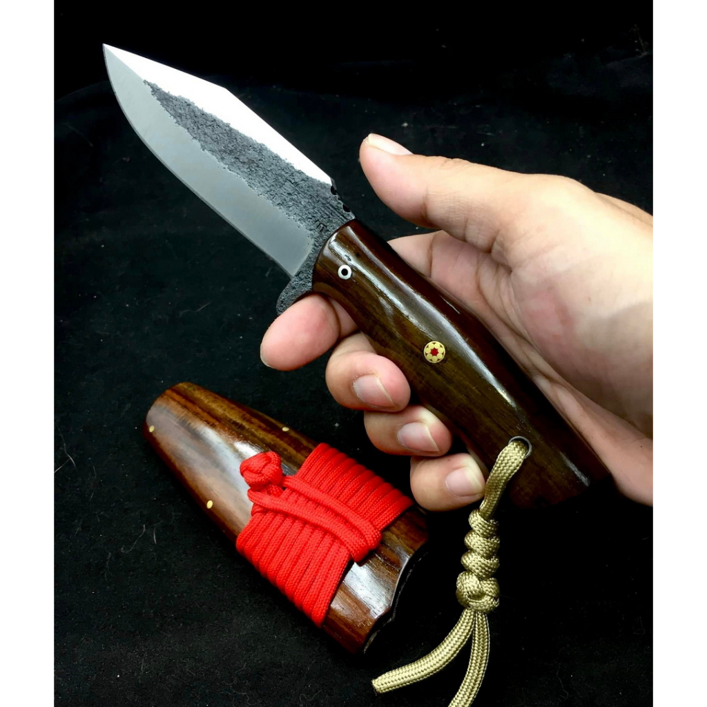 มีดโบวี่ Bowie pocket knife มีดเดินป่า มีดแคมป์ ใบ 4.2” เหล็กบาร์เลื่อย STIHL เยอรมัน full-tang ด้าม