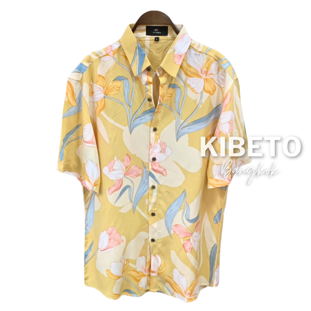 Kibeto เสื้อฮาวาย ลายดอกพาสเทลสีเหลือง ผ้าสปันเรยอน เนื้อนิ่ม ใส่สบาย