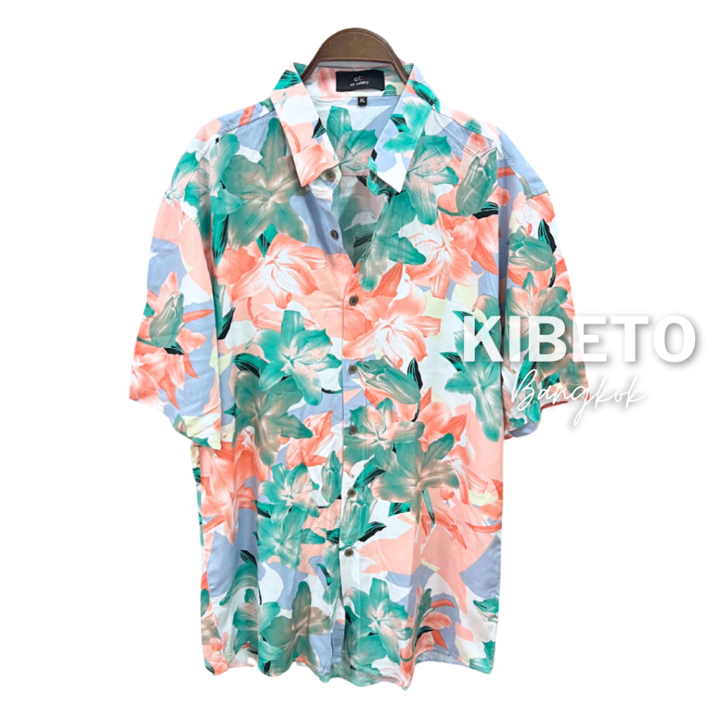 Kibeto เสื้อฮาวาย ลายดอกลิลลี่เขียวโอรส ผ้าสปันเรยอน เนื้อนิ่ม ใส่สบาย M L XL 2XL 3XL