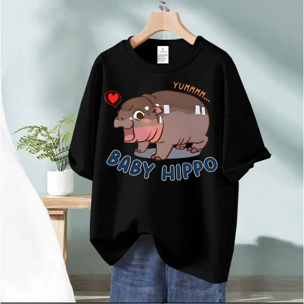 BK-1183-SHORT เสื้อยืดผู้ใหญ่ เสื้อแขนสั้นผ้ายืดลายฮิปโป หมูเด้ง อก32-42  มี 10 สีให้เลือก