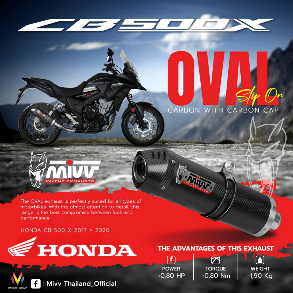 ท่อ MIVV สำหรับ HONDA CB500X 2017 > 2024 / NX500 2024>2025| SLIP-ON OVAL CARBON WITH CARBON CAP