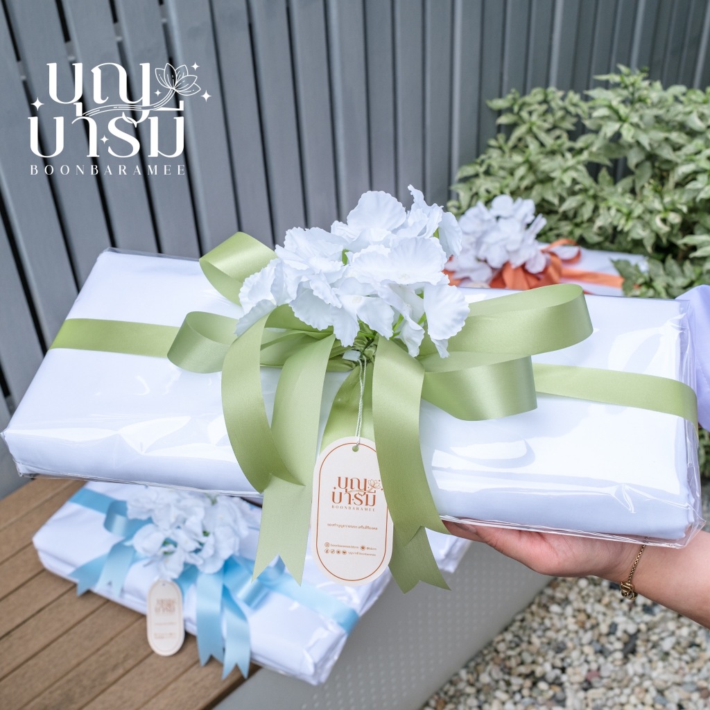 ผ้าขาวถวายพระ กฐิน ผ้าฝ้ายมัสลิน คอตตอน 100% นำไปย้อมสี ผ้าคุณภาพย้อมไม่ด่าง พร้อมตกแต่งสวยงาม - รูปที่ 7