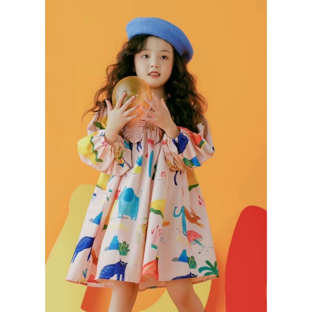 Hania kids พร้อมส่ง ชุดเดรสลายดอกไม้ การ์ตูน แขนตุ๊กตายาวแฟชั่นฤดูร้อน สไตล์เจ้าหญิง สําหรับเด็กผู้หญิง-K2230218