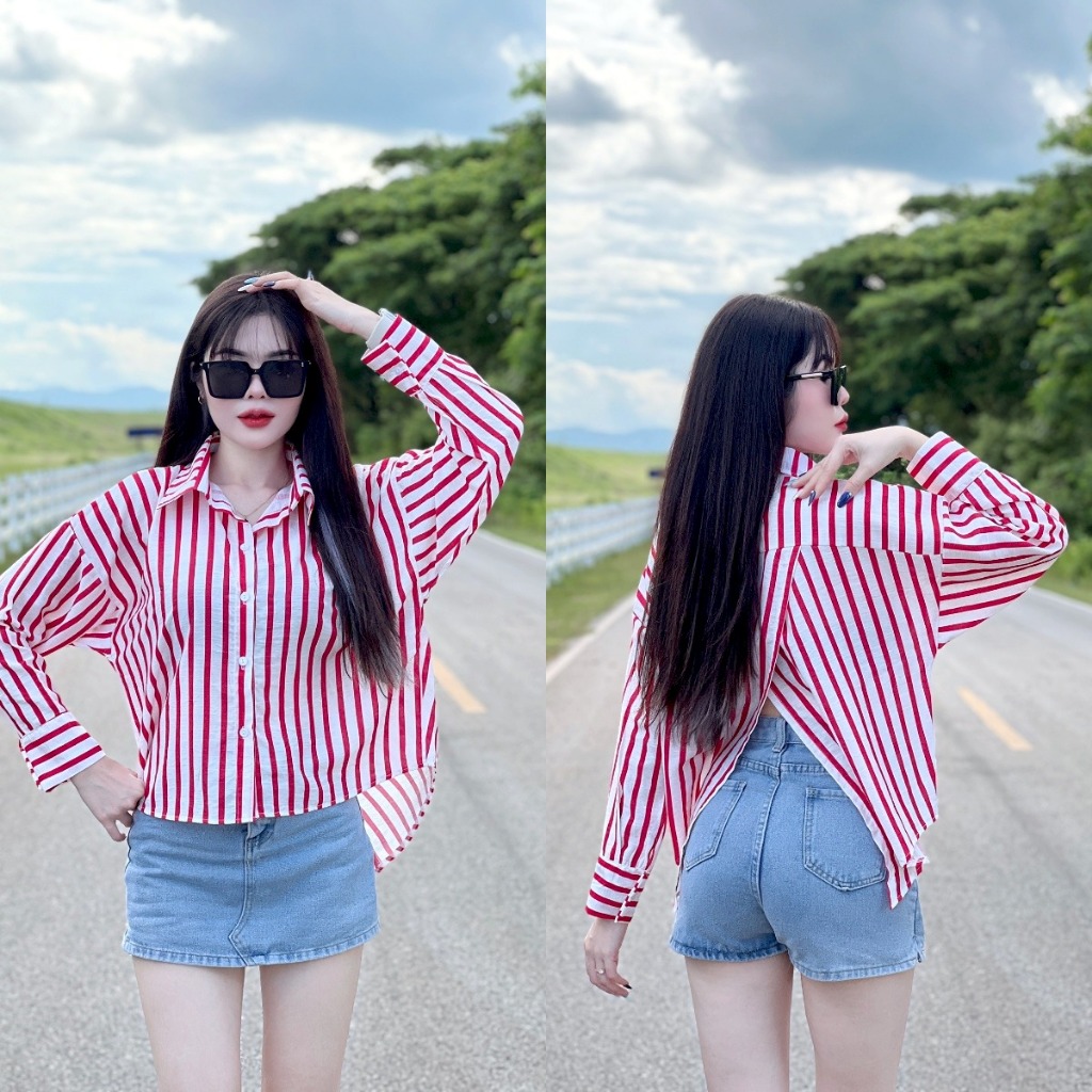 BEIIEW เสื้อแขนยาว ด้านหลังผ่า ลายริ้วใหญ่สวยเก๋สุดๆ สาวๆไม่ควรพลาดเนื้อผ้าใส่สบาย