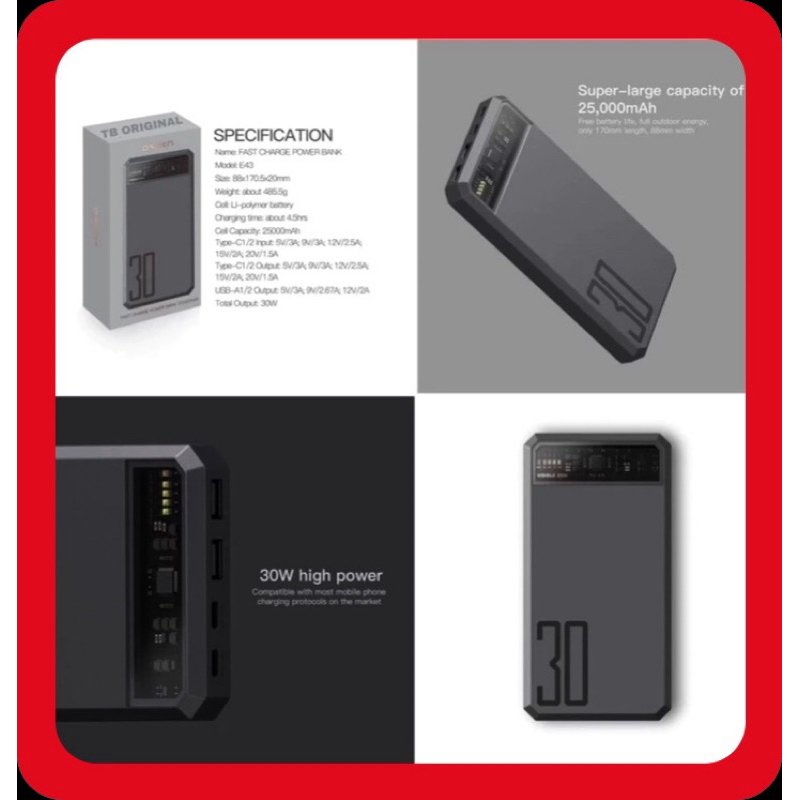 Eloop E43 แบตสำรอง ชาร์จเร็ว 25000mAh 30W ชาร์จเร็ว สินค้าพร้อมส่ง⚡️⚡️⚡️ ของแท้💯%